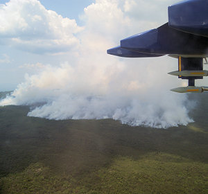 A natural forest fire in Amazonia Brazil pictured from the air during the SAMBBA project