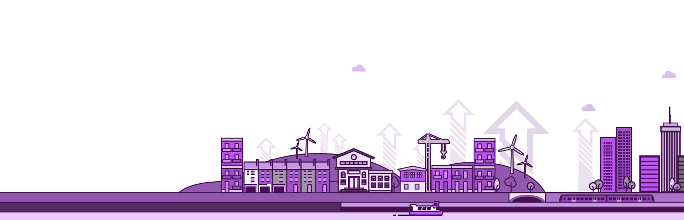 A landscape of city buildings, hills and wind turbines on a purple background that all allude to levelling up.