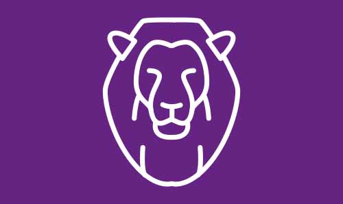 White icon of a lion on a purple background