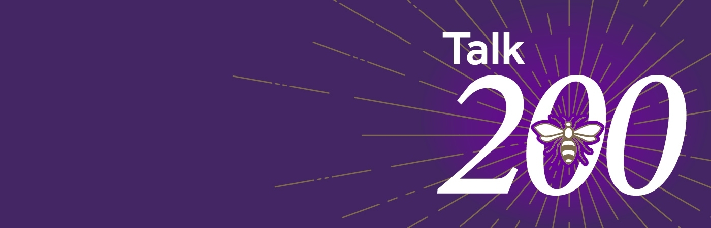 Talk 200 logo on a purple background.