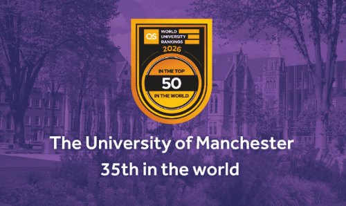The QS World University Rankings logo accompanied with 'The University of Manchester: 35th in the World' ranking. 