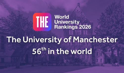 The THE World University Rankings logo accompanied with 'The University of Manchester: 56th in the World' ranking. 
