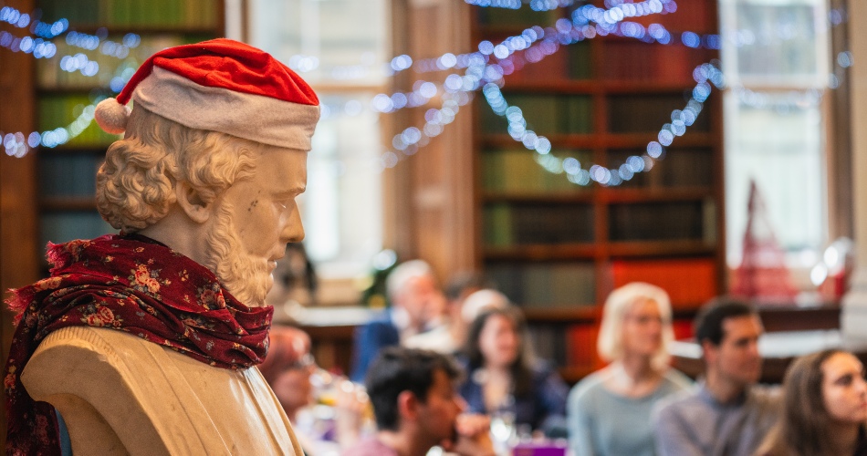 A bust with a Santa hat in Christie's Bistro.