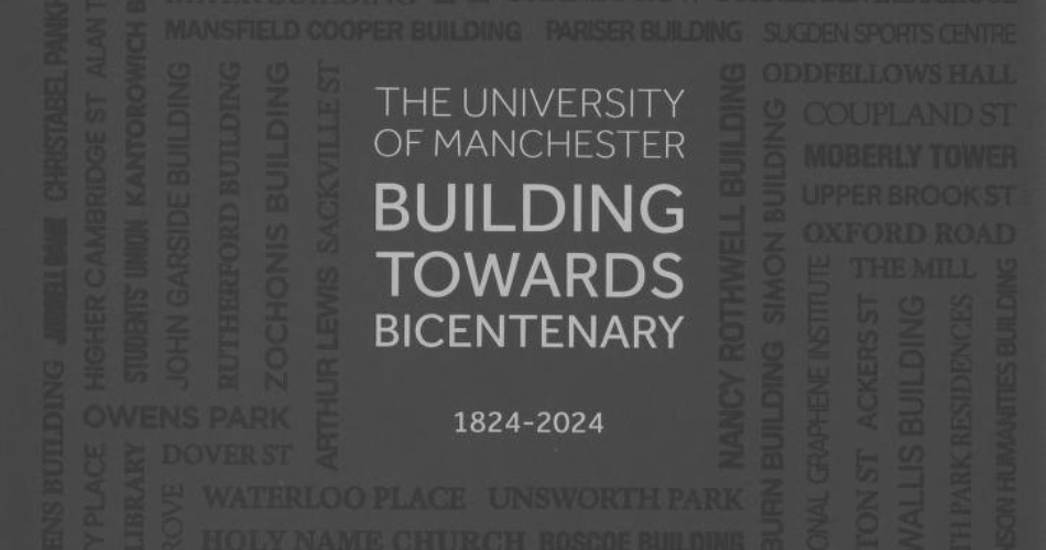 Front cover graphic design with the text Building Towards the Bicentenary: A Campus History of The University of Manchester 1824-2024.