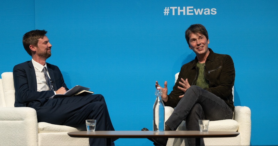 Professor Brian Cox speaking to THE Editor John Gill.