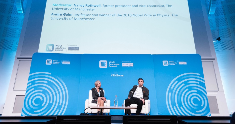 Nancy Rothwell and Andre Geim on stage.