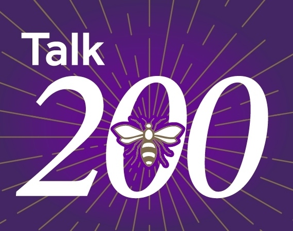 White Talk 200 logo on a purple background.