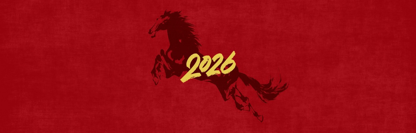 Year of the Horse 2026 illustration on red background