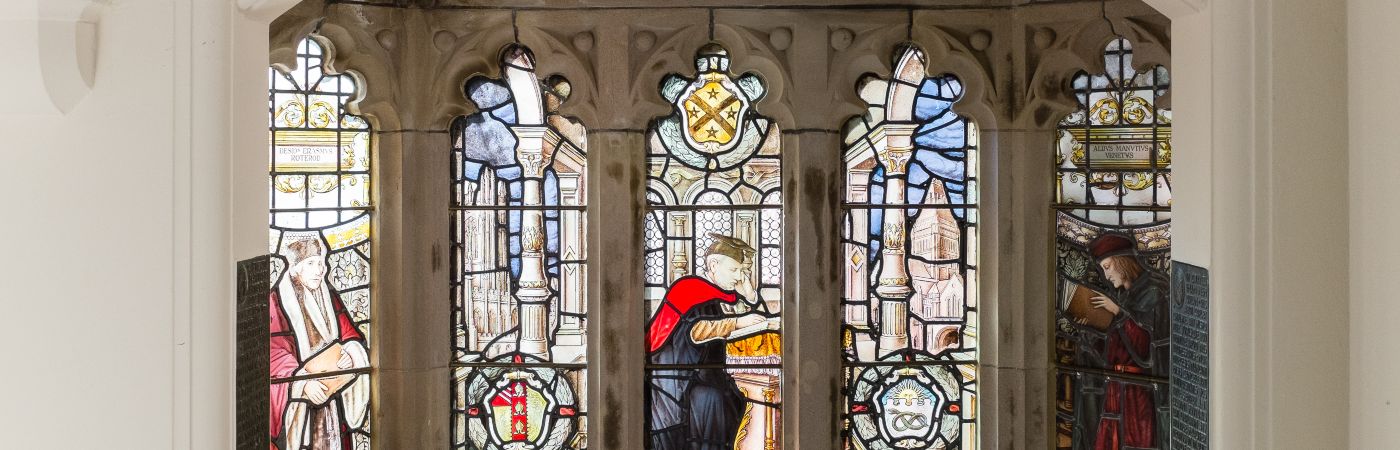 Stained glass windows in the Christie Building, University of Manchester

