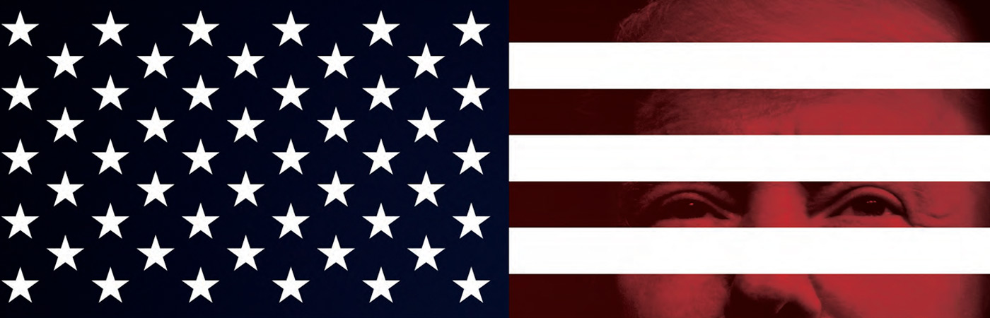 A graphic of the US flag with Donald Trump behind it