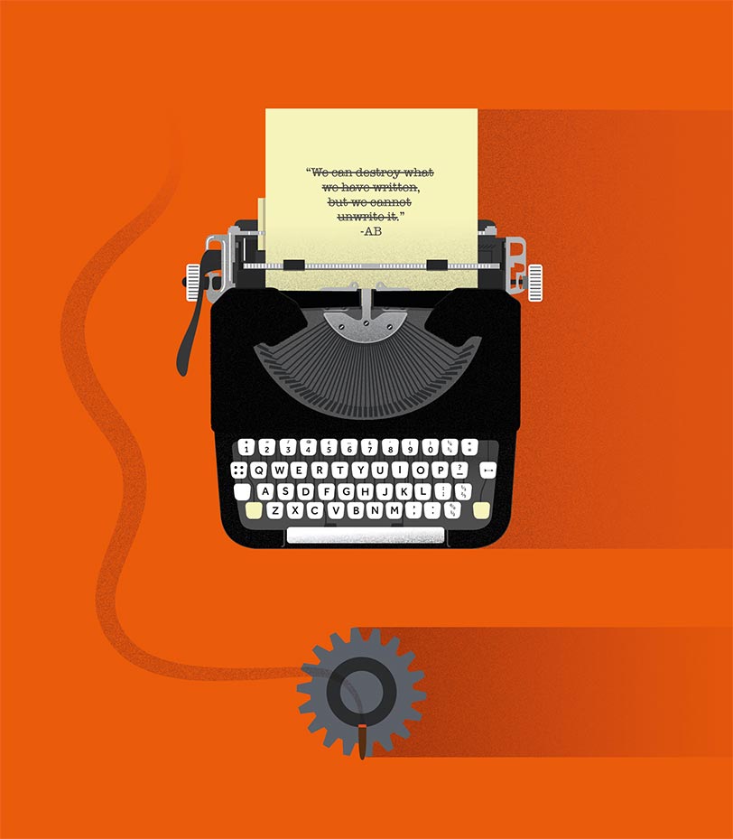 A typewrite holds a sheet of paper, with the quote