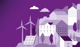 Purple background with white buildings on