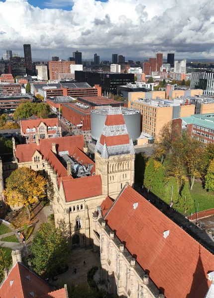 An aerial view of the iconic John Owen's university building.