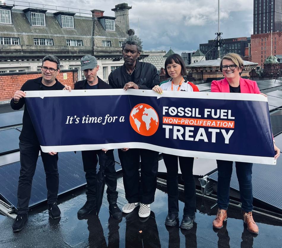 Massive Attack with UoM and Andy Burnham on the top of the GMCA building