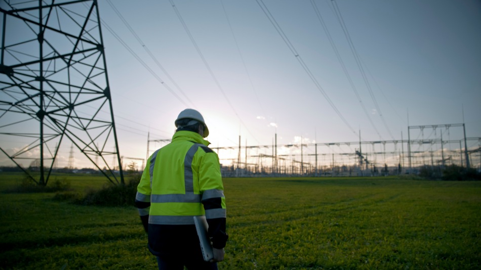 Man walking through field with electricity pylon