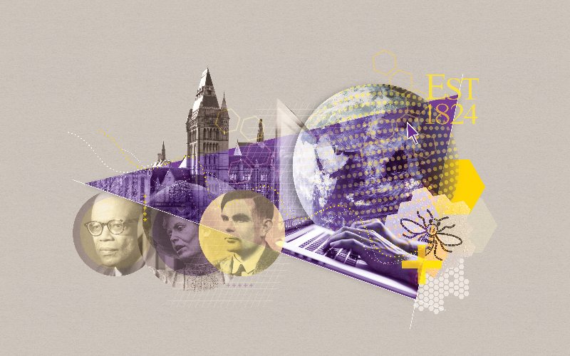 A collage of famous University of Manchester alums and the iconic Whitworth building.