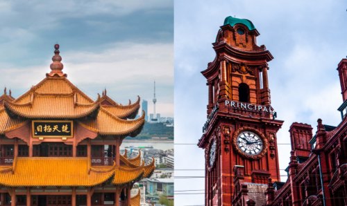 Split-screen image Wuhan square and Manchester's refuge tower.
