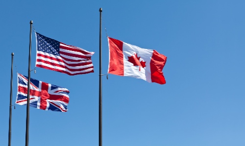 USA flag, Canada flag, UK flag 