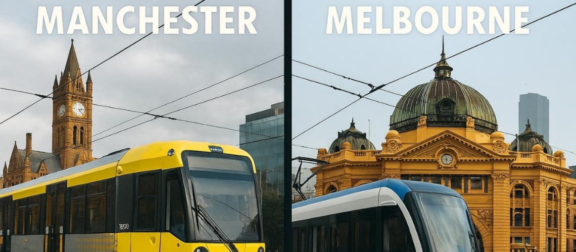 Contrasting image of two halves: one side showing the Metrolink tram in Manchester and one showing the tram in Melbourne.