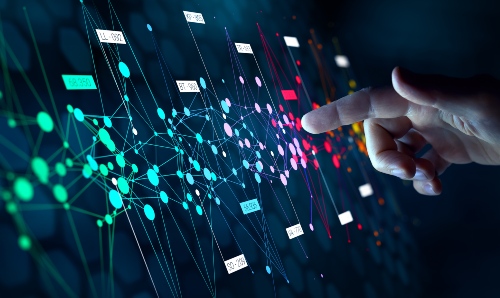 Data analyst analysing and visualising complex information network with artificial intelligence