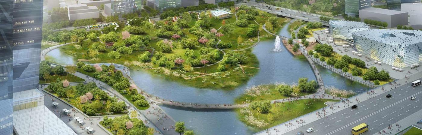 A render of Xinyuexie Park, which is designed to preserve and improve how the city copes with storm water.
Photograph: Obermeyer