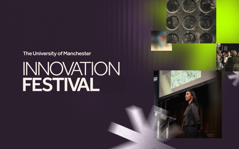 The University of Manchester Innovation Festival 26 branding with black and green visuals.