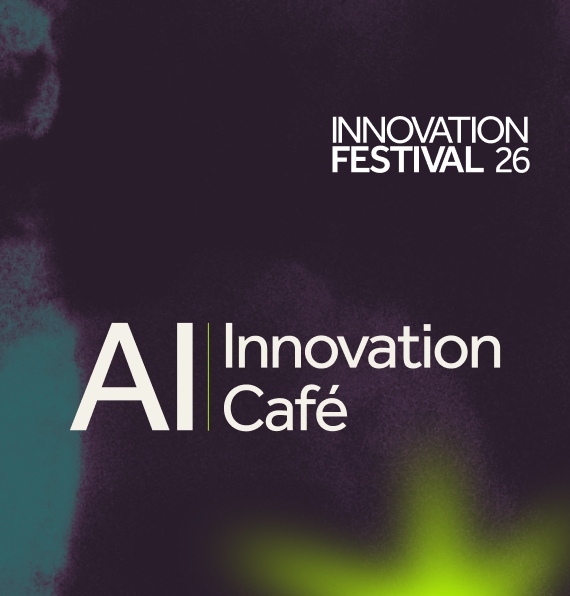 AI Innovation Cafe title on a green and black digital background.