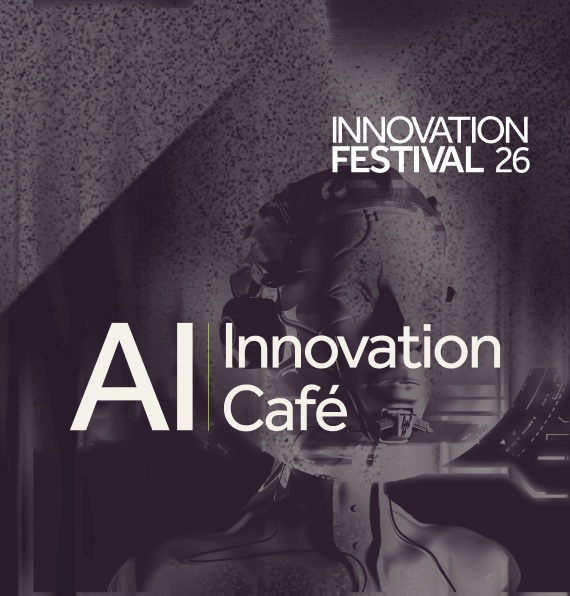 AI Innovation Cafe title on an AI robot and digital background.