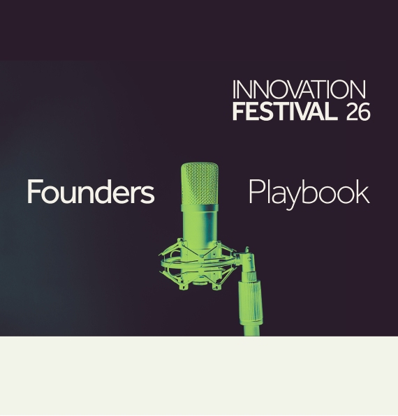 Innovation Festival 26 graphic for “The Founders Playbook,” featuring a studio microphone on a dark plum background.