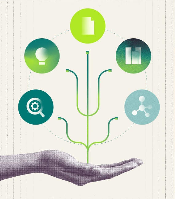 Illustrated graphic of an open hand supporting a stem that branches into five icons.