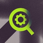 Icon of a magnifying glass over a cog on a dark grainy background