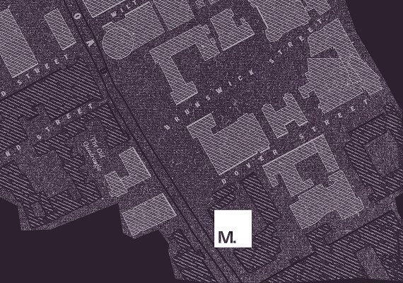 Stylised map illustration of Manchester streets with a  white &ldquo;M.&rdquo; marker.