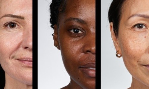 Three women's faces shown side by side in close-up portrait style