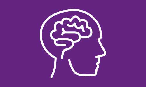 White icon of brain side profile on a purple background