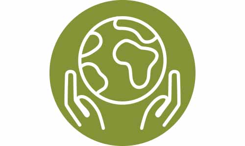 White icon of a pair of hands holding a globe on a green background
