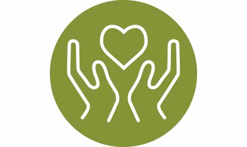 White icon of a hands holding a heart on a green background
