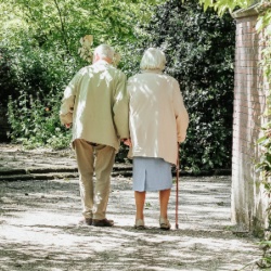 Elderly couple taking a walk through the park. Image courtesy of @micheile on Unsplash.
