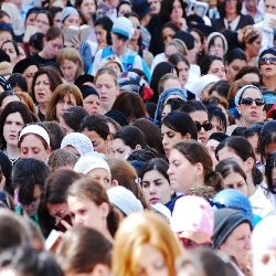 Crowd of Women praying at the Western Wall in Jerusalem stock photo