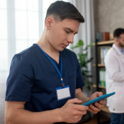 NHS staff in training holding an ipad