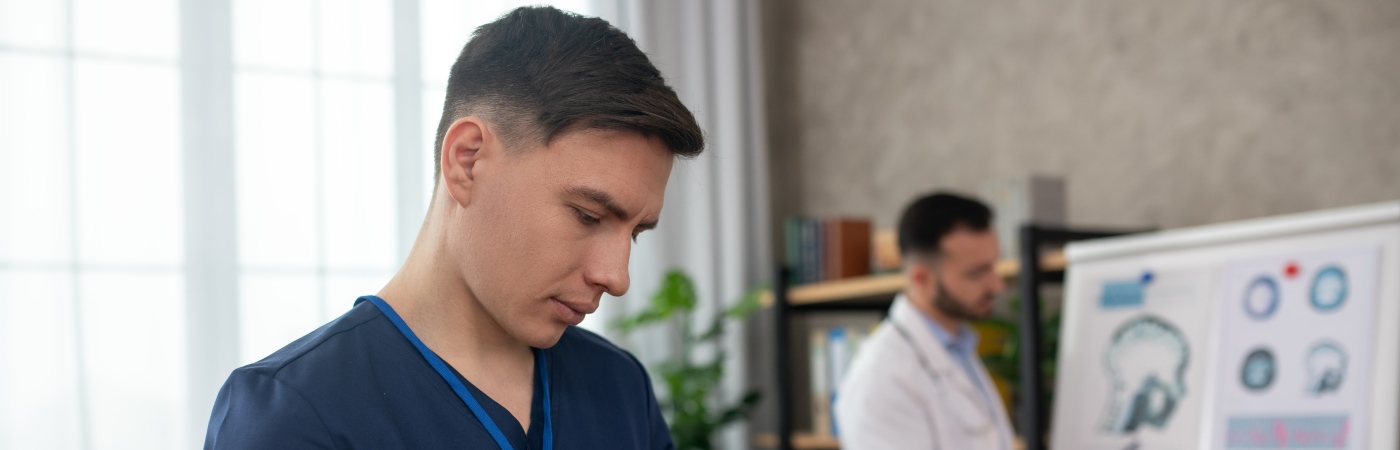 NHS worker in training looking at ipad