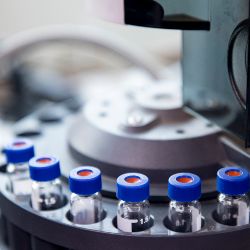 Vials are arranged in the auto-sampler for the lab equipment 