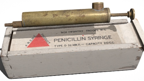 Digital image of a 3D model of brass penicillin medical syringe with wooden box.