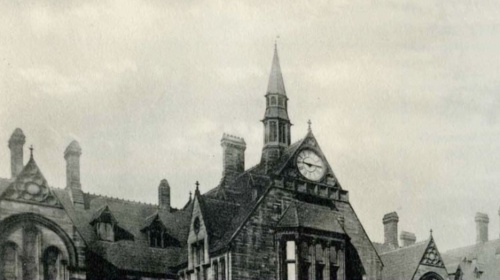 Black and white picture of buildings in the University's Old Quad.