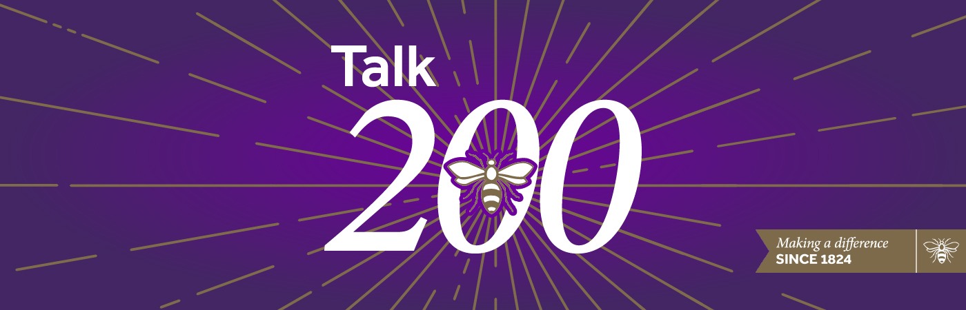 Talk 200 logo on a purple background