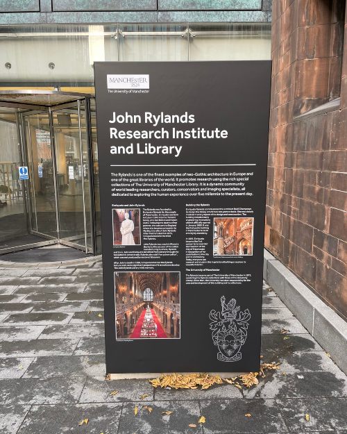 The monolith outside The John Rylands Research Institute and Library, Deansgate, Manchester.