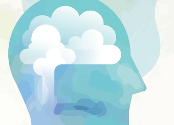 Blue illustration of a head with clouds in