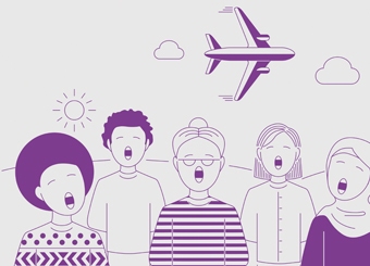 An illustration of a choir and a plane flying overhead