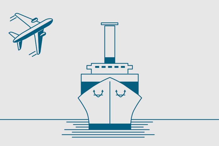 An illustration of a boat and an airplane.