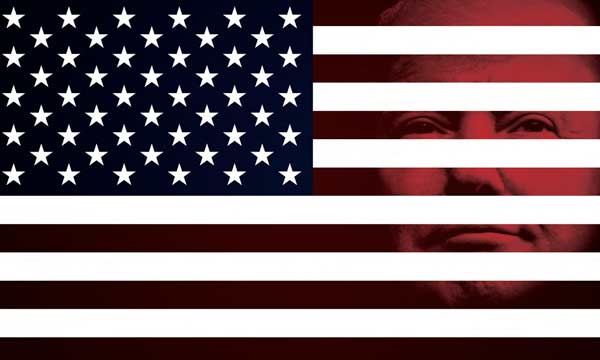 A graphic of the US flag with Donald Trump behind it
