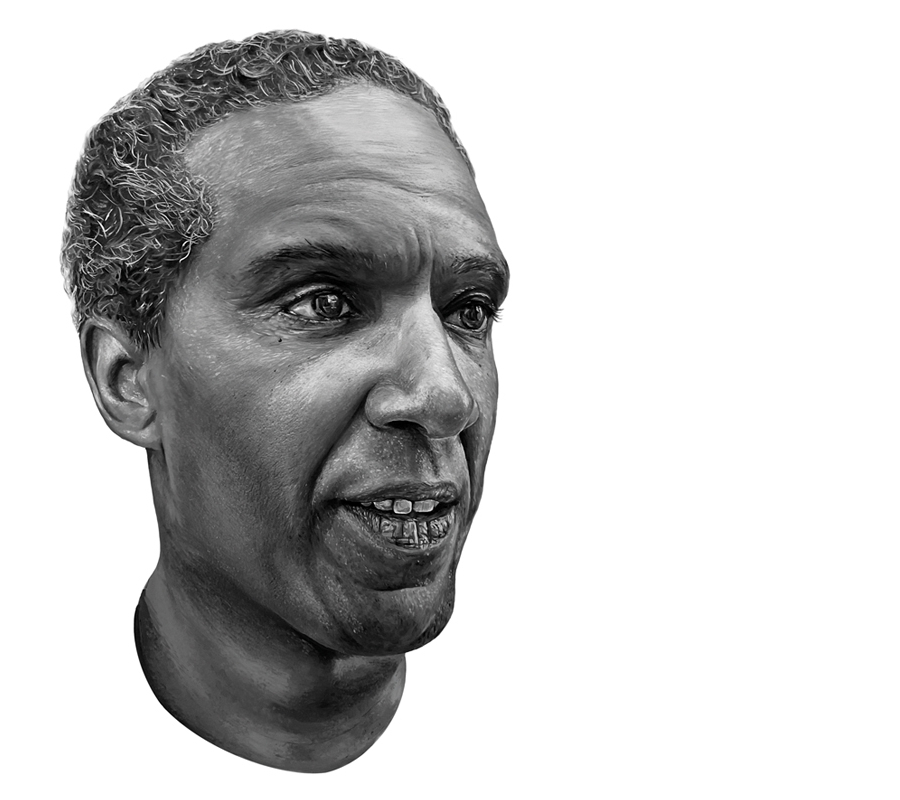 A realistic oil portrait of Lemn Sissay